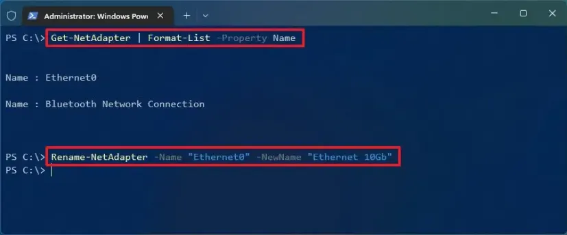 Change the network adapter name from PowerShell

